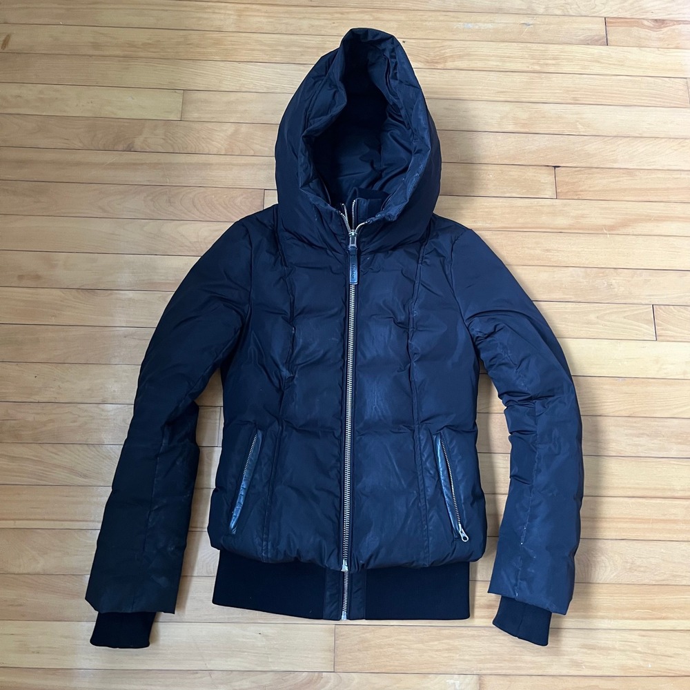 Mackage Montreal Black Down Bomber Jacket Leather Trim Hooded Womens XS
